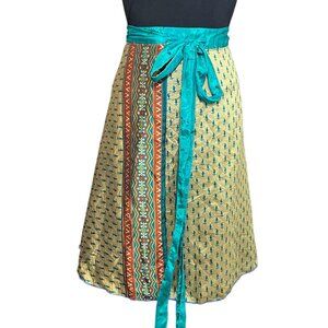 Wevez Wrap Skirt One Size Silk Blend Gold Teal Maroon Boho Womens Tie Waist Midi